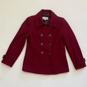 Calvin Klein dark red/burgundy short pea coat, size 8. Hood missing.